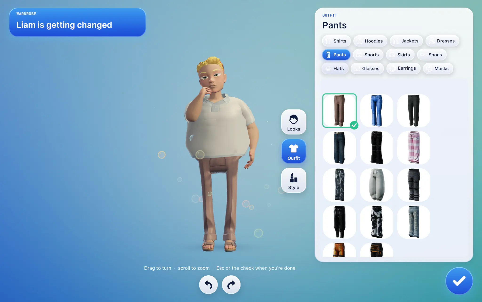 A playtester’s character in the Vicarious wardrobe, with options for looks, outfits and style. Development screenshot.