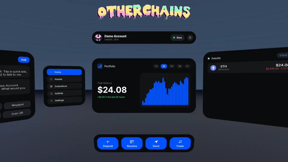 The Otherchains mixed-reality Base wallet floating in a room