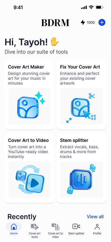 BDRM home screen showing its creative tools