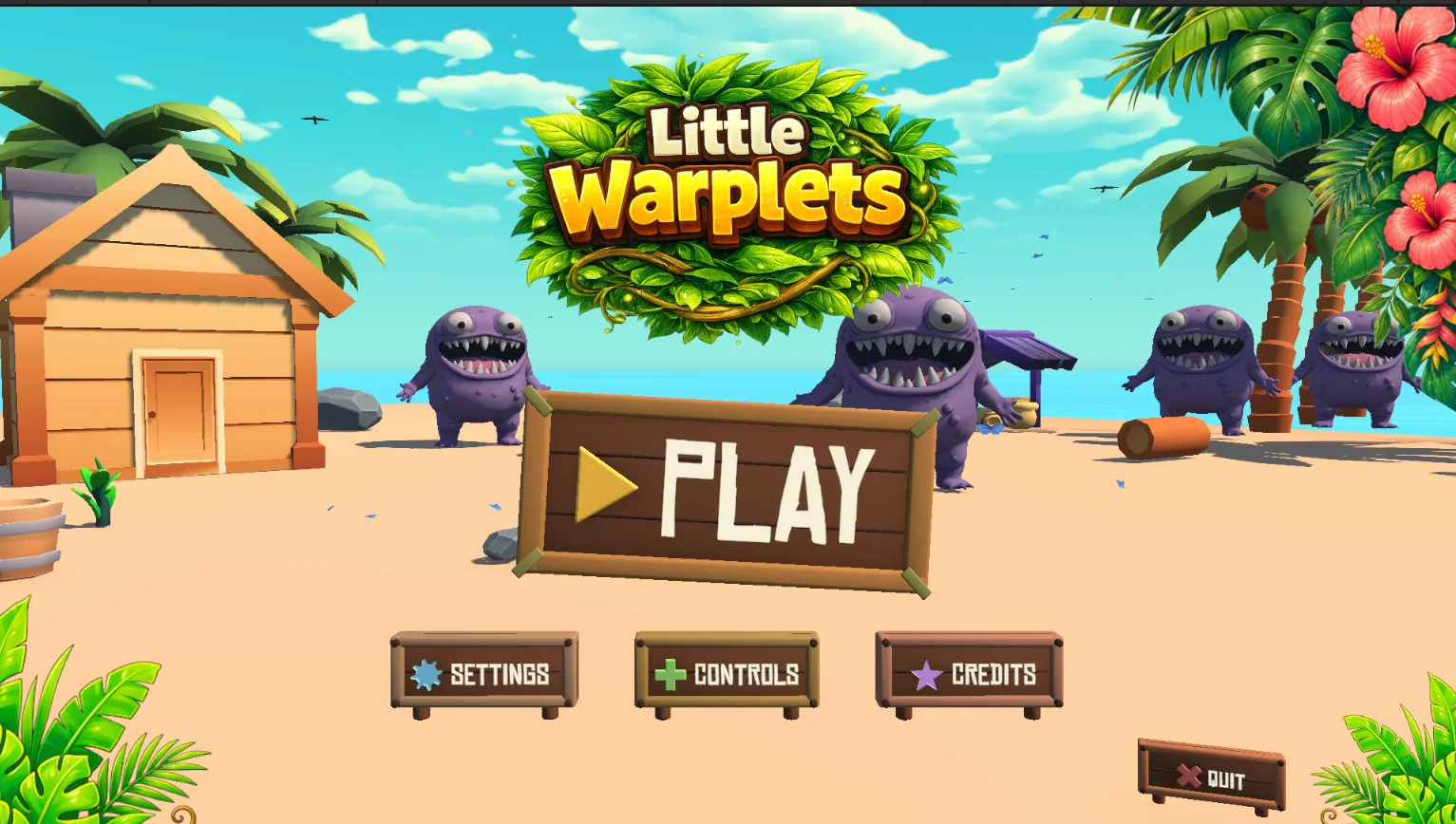 The Little Warplets main menu: an island beach framed by palms and hibiscus, with Warplets gathered around a wooden Play sign