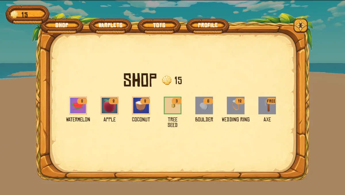 The in-game shop, stocked with watermelon, apple, coconut, tree seed, boulder, wedding ring and axe