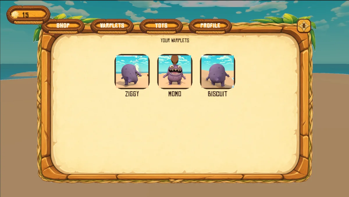 The Warplets menu with live preview tiles for Ziggy, Momo and Biscuit