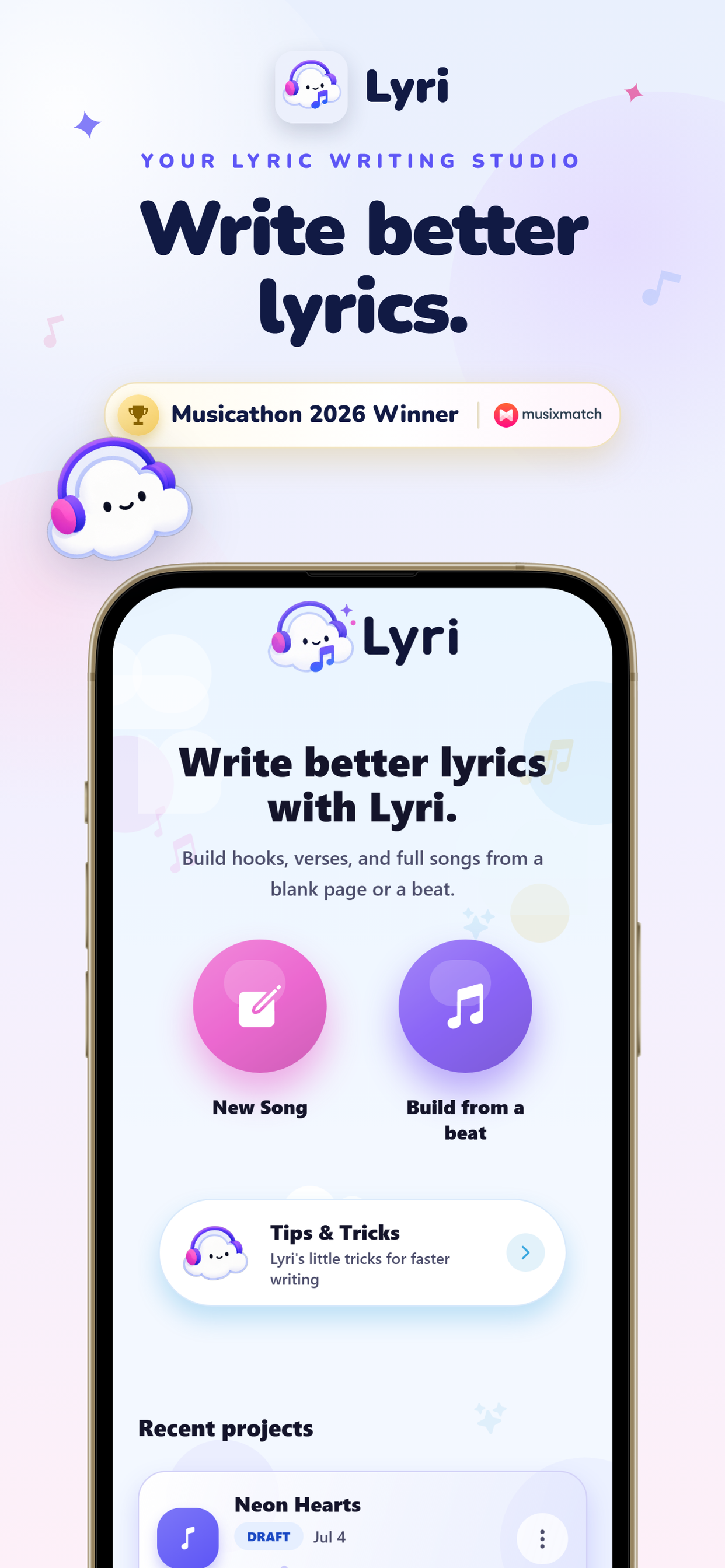 Lyri lyric-writing studio shown on an iPhone