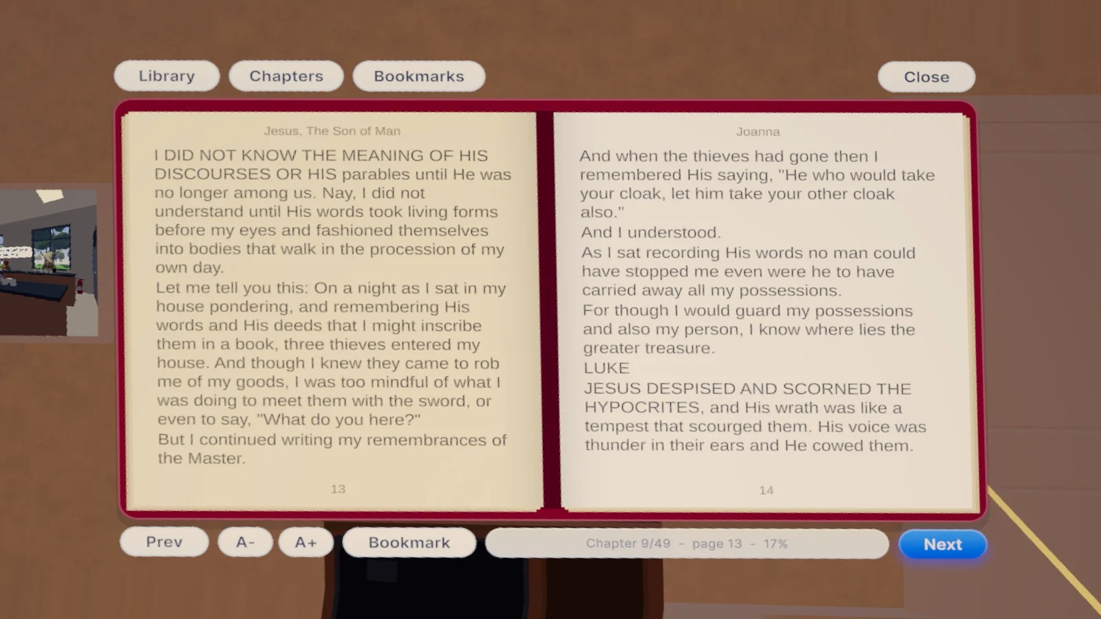The two-page book reader open in VR, showing Jesus, The Son of Man with Library, Chapters, Bookmarks, font size and page controls
