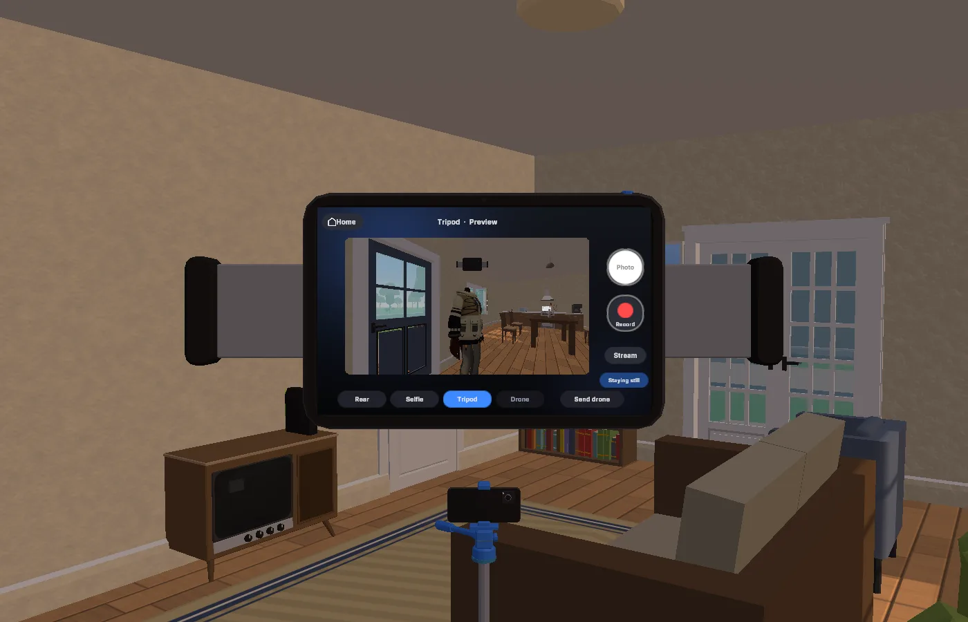 A floating tablet showing the camera app with a tripod view of the living room