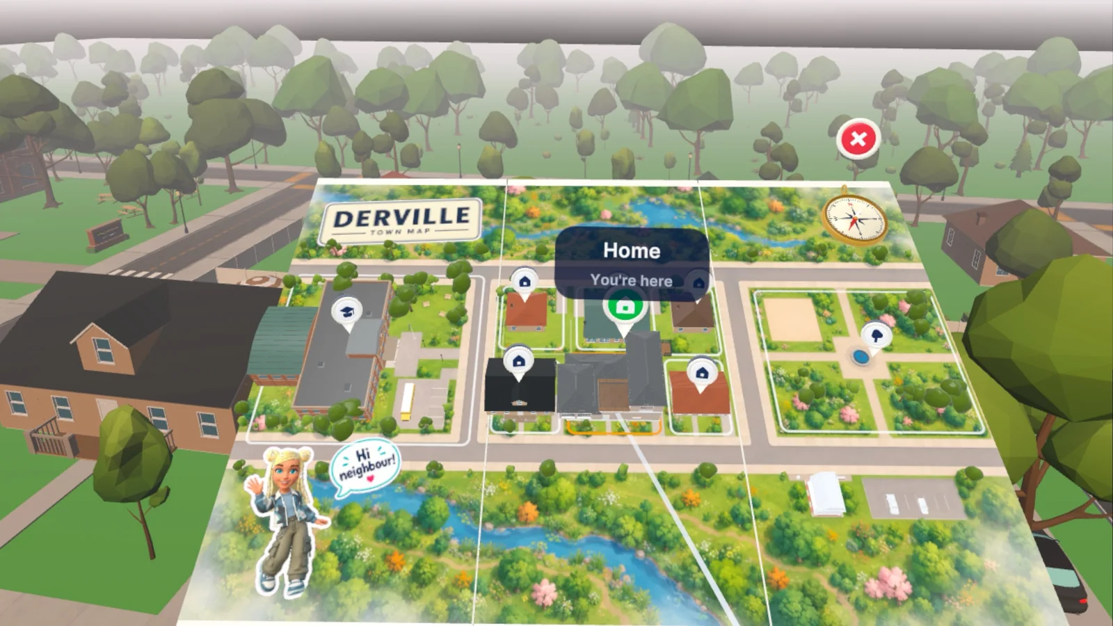 The fold-out Derville town map held open above the neighbourhood, with a Home marker reading "You are here"