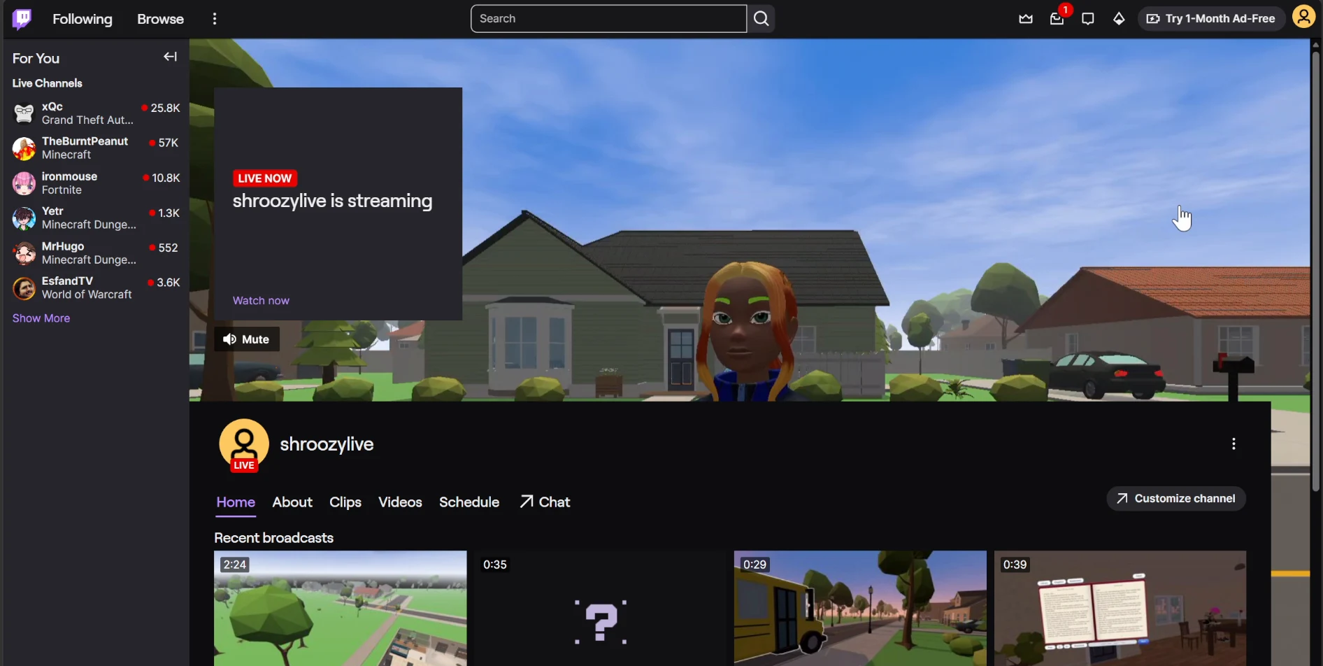 The Twitch channel page showing a live-now notice over the game stream, with the live badge and recent broadcasts below