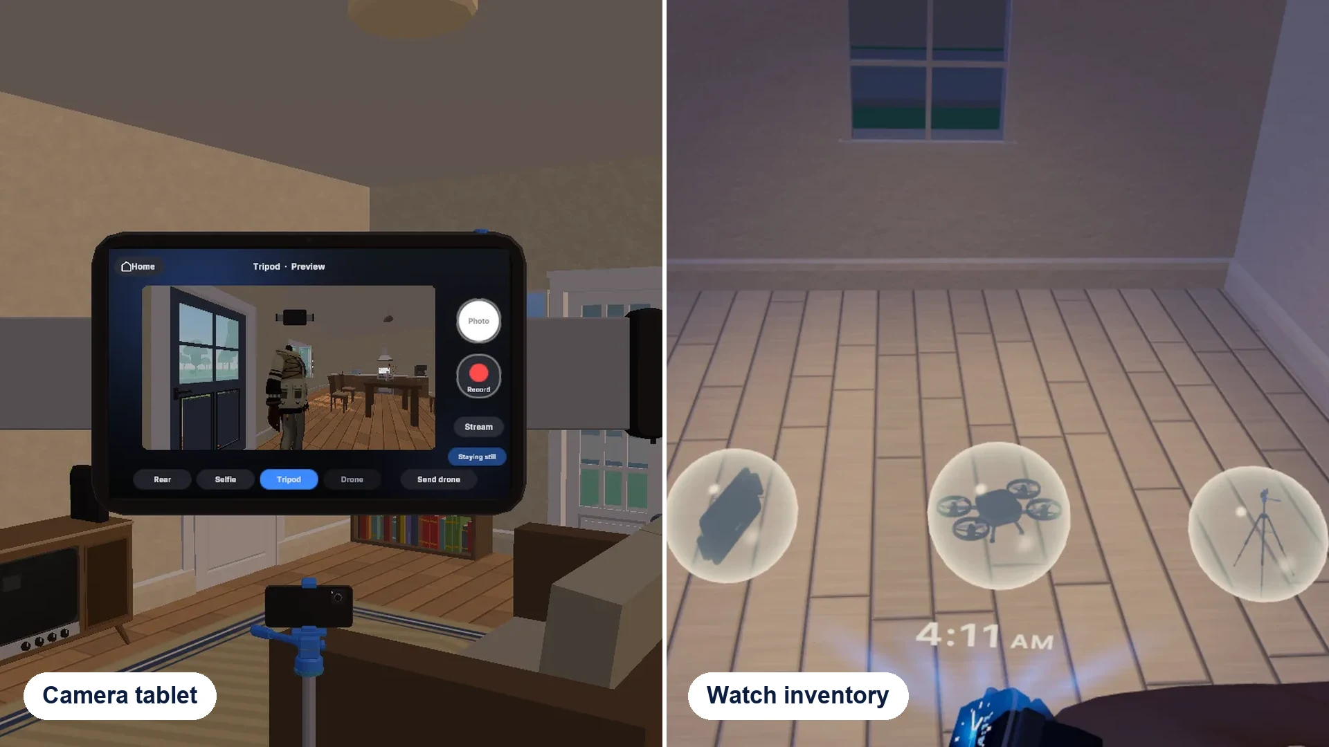 The floating camera tablet showing the tripod view, and the watch inventory with the tablet, drone and tripod as bubbles