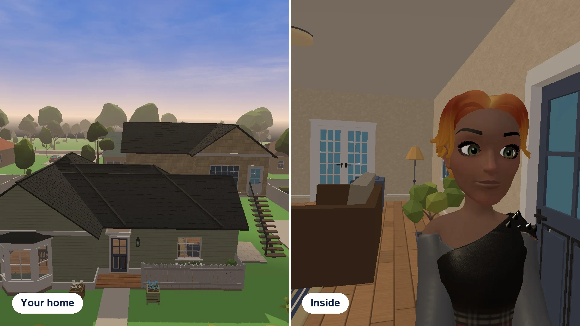 Two views of a home: the green bungalow with its bay window at dusk, and inside, a character standing in the living room beside a bookcase and armchair