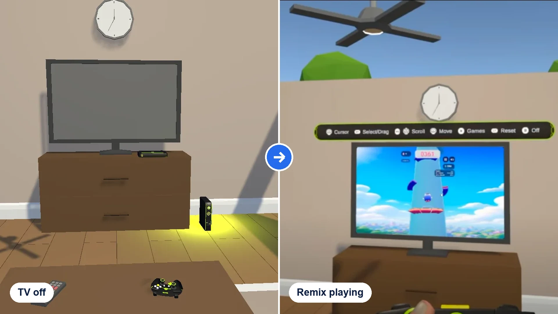 The television switched off beside the Remix console, and a Remix game playing on the in-world television