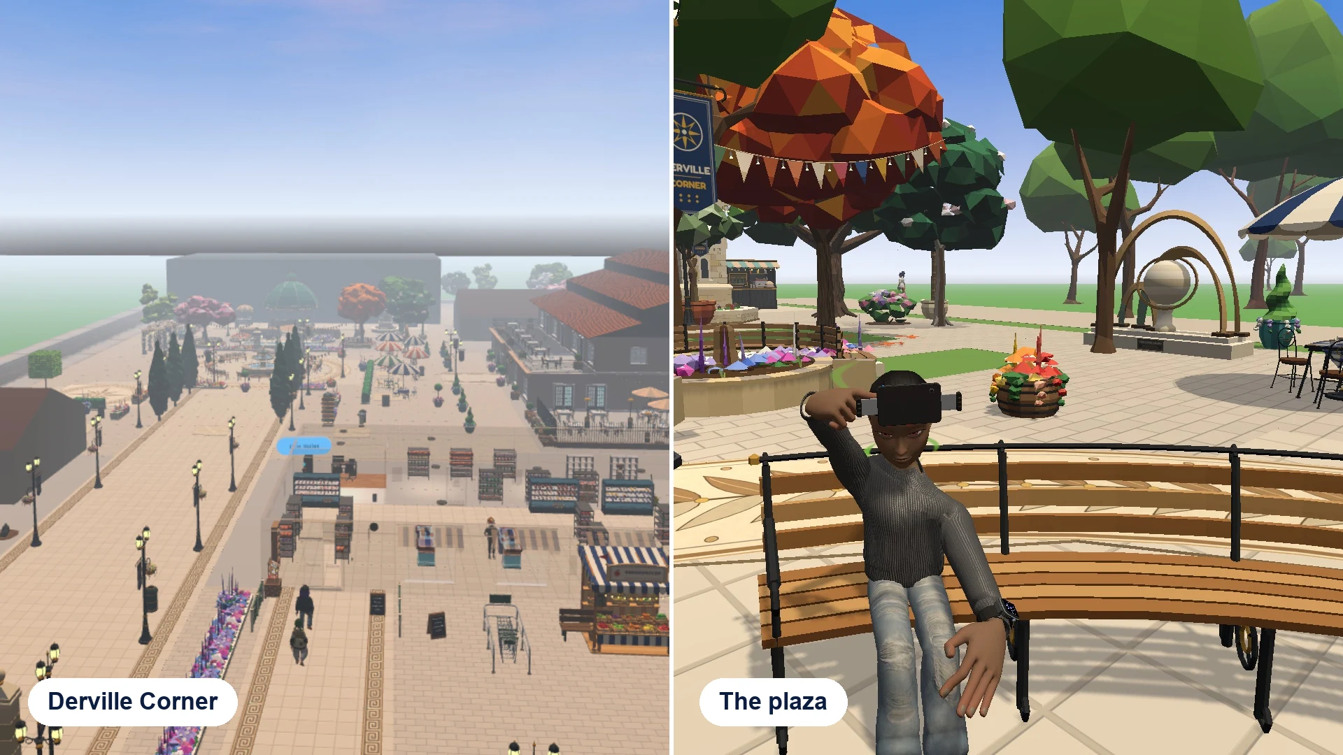 Two views of Derville Corner: the plaza avenue and its shops seen from above, and a character on a bench in the plaza under autumn trees