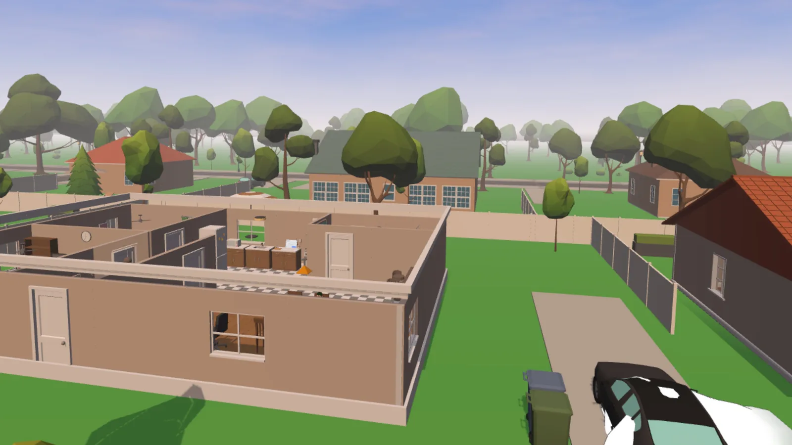 VR hands above an open-roofed home in Derville