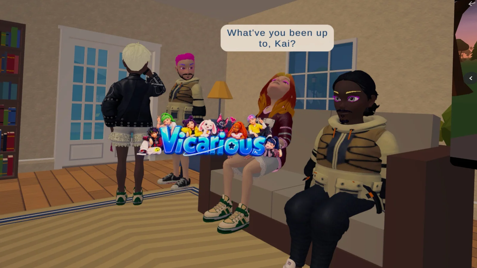 Four housemates gathered in a living room, one asking another what they have been up to