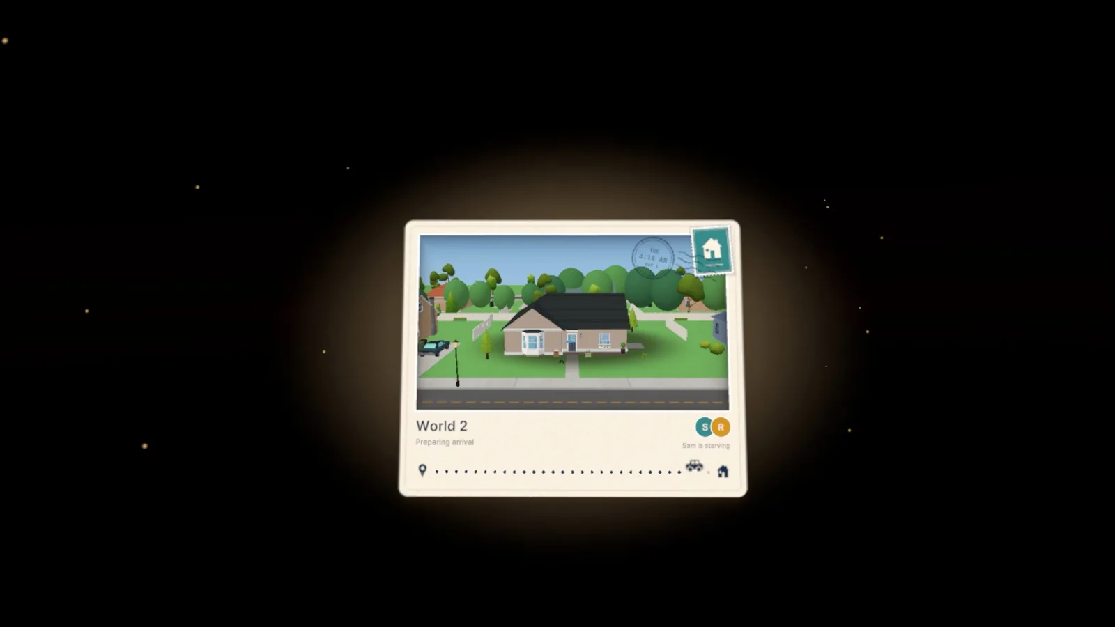 A loading postcard showing the player's own house from above, with the world name, the household and a progress line toward home