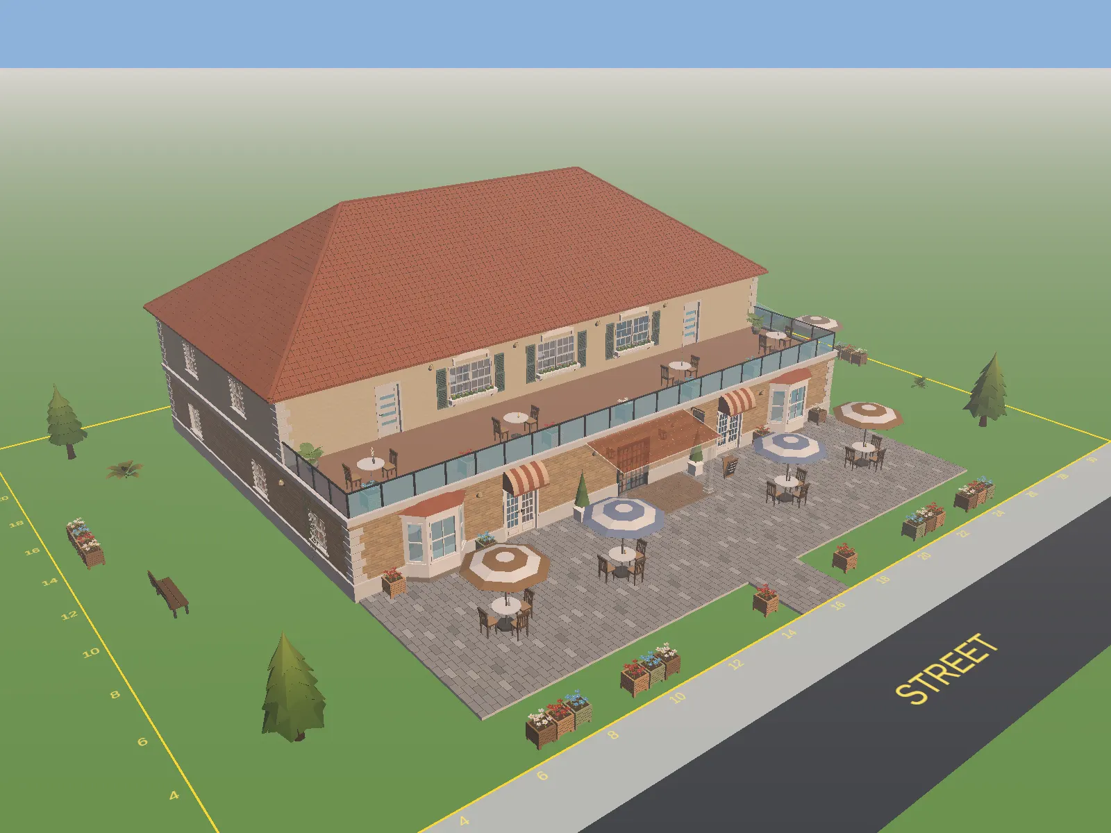 The Marigold café lot with a terracotta roof, upper balcony, planted terrace and outdoor tables