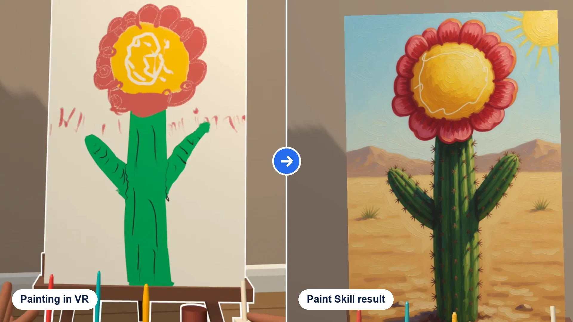 A hand-painted flower in VR beside its Paint Skill result