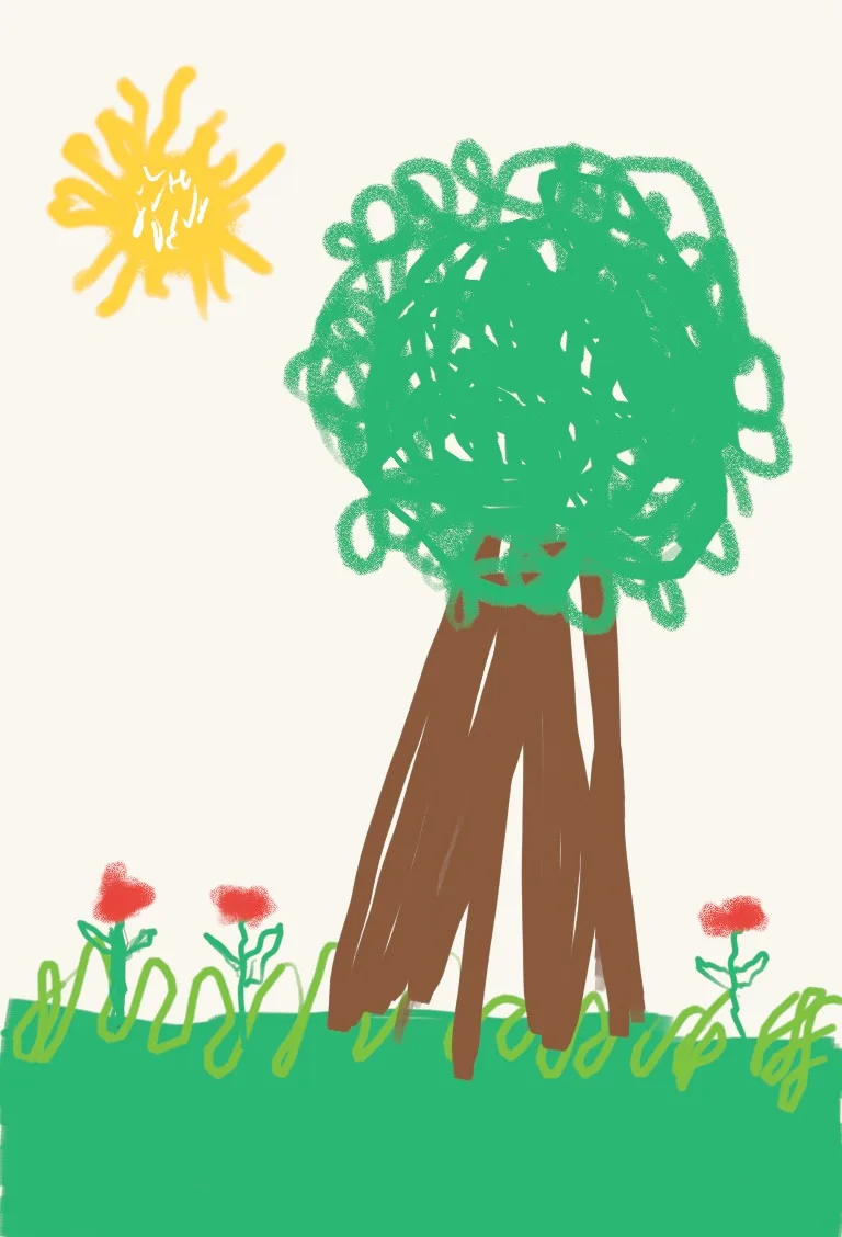 Before: the player's rough brush drawing of a tree, flowers and a yellow sun