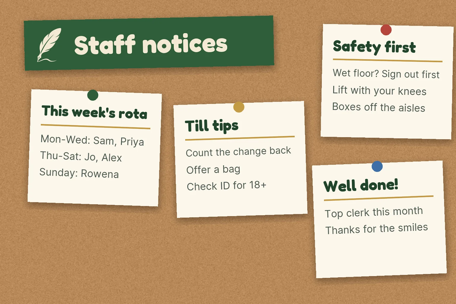 The staff notice board at Quill's with the weekly rota, till tips, a safety reminder and a well done note pinned to cork