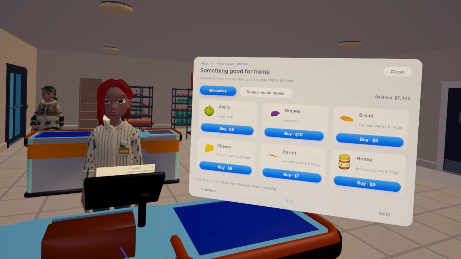 The Something good for home shopping panel at Quill's, offering apple, grapes, bread, cheese, carrot and honey with prices, beside a shop clerk at the till