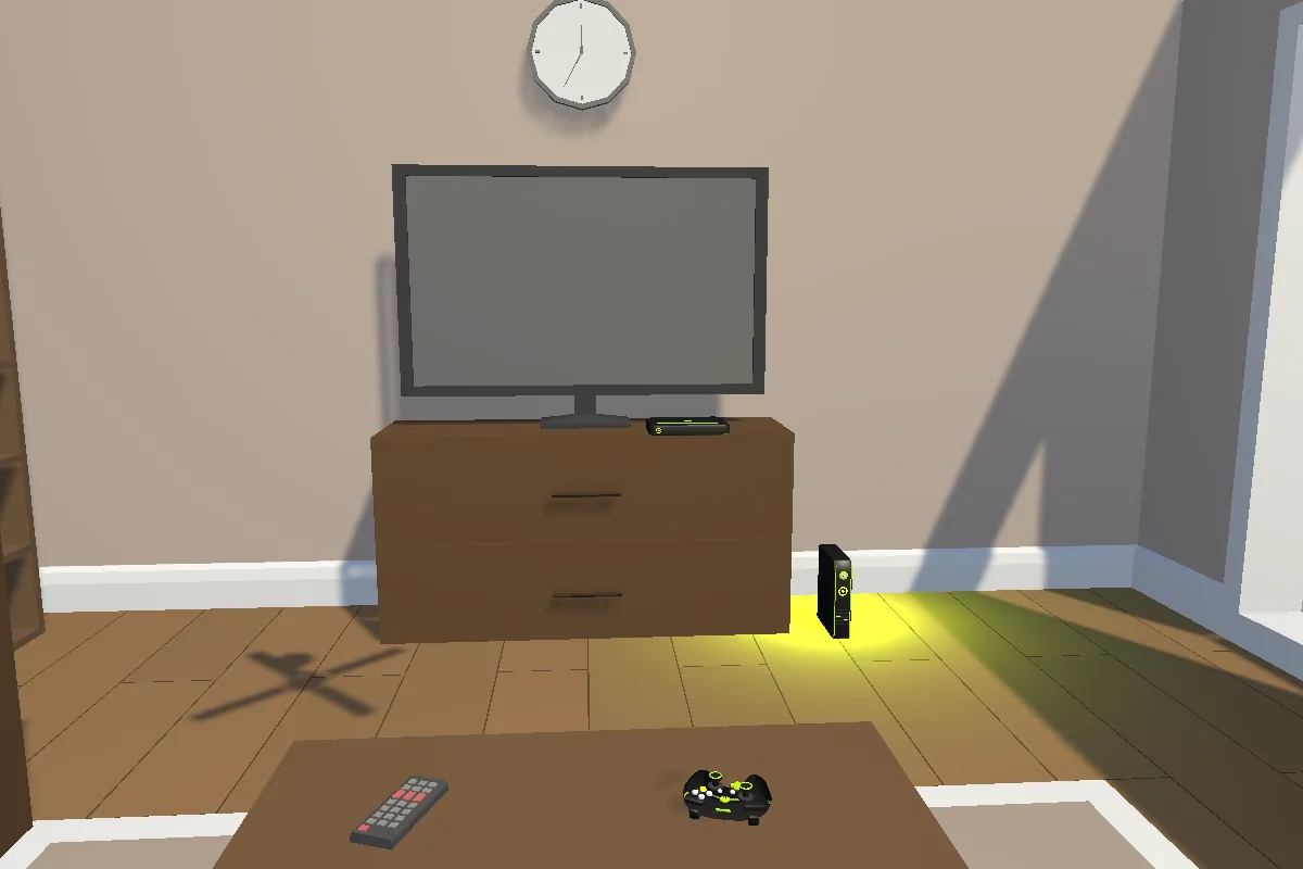 The television switched off above the Remix console in the Vicarious living room