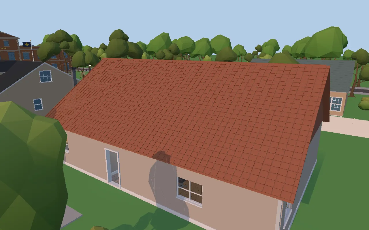 A Vicarious house with a gabled terracotta roof and the roof finish controls open