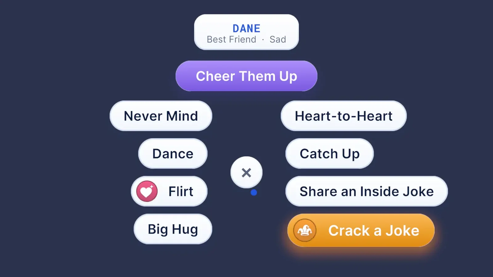 The social menu for Dane, a sad best friend, offering Cheer Them Up, Heart-to-Heart, Share an Inside Joke and Crack a Joke
